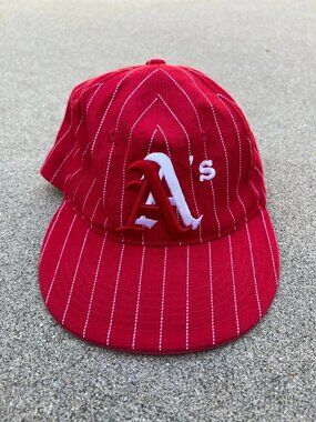 Vintage STEPS Double A's Oakland Athletics Fitted Hat Men's Striped Cap Red MLB